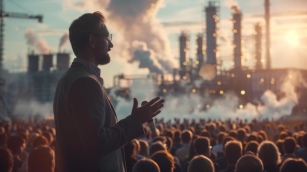 a man stands in front of a large crowd of people in front of a factory with smoke rising in the background