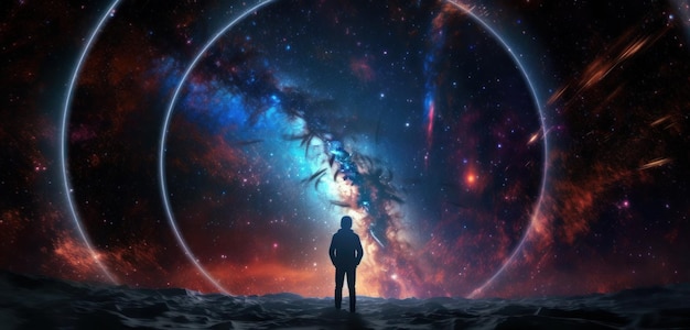 A man stands in front of a large galaxy in the sky.