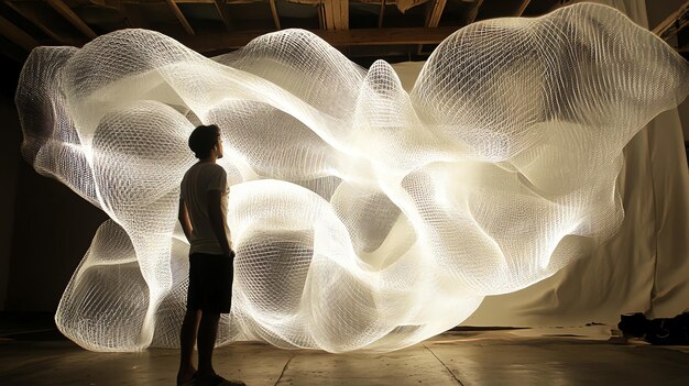 Photo a man stands in front of a large glowing white netlike sculpture