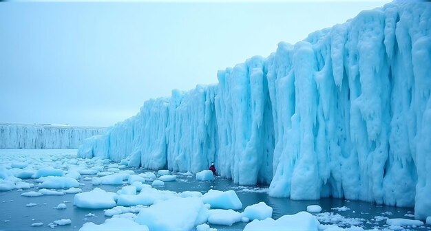 a man stands in front of a large iceberg that has ice on it