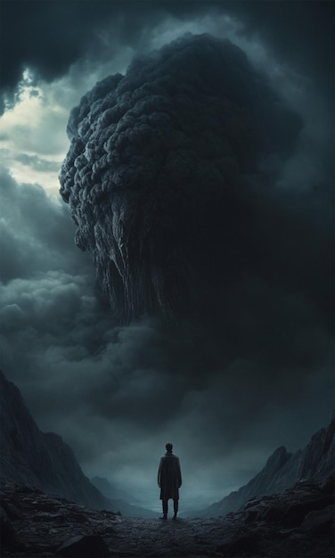 a man stands in front of a large lava cloud