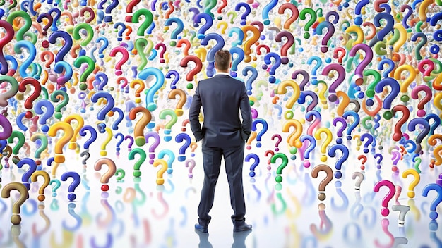 Photo a man stands in front of a large number of question marks