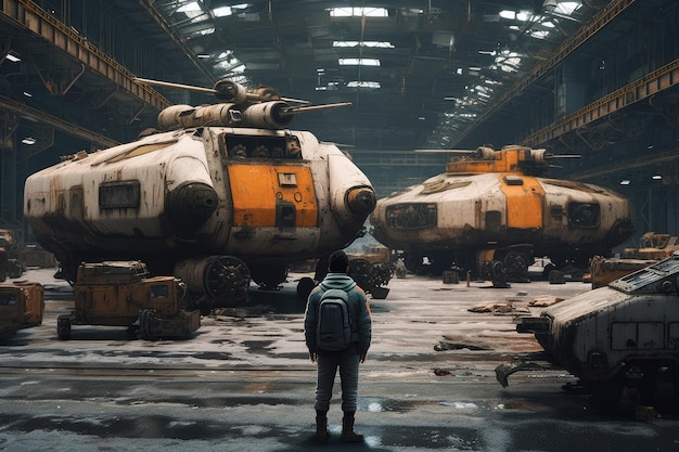 A man stands in front of a large number of tanks