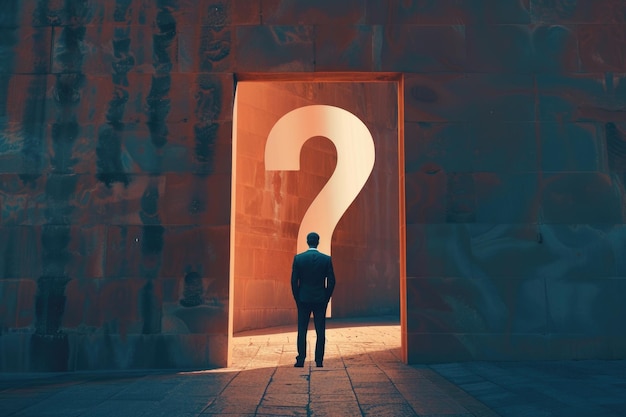 Man stands in front of large open doorway with question mark on wall