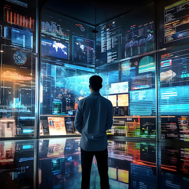 A man stands in front of a large room with many screens and the word bank on it.