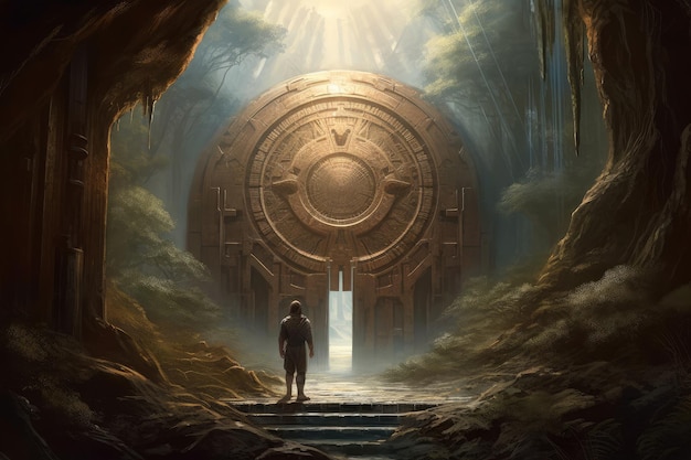 A man stands in front of a large, round, gold, and stone door that says'the golden circle '