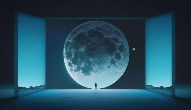 A man stands in front of a large screen that says'moon'on it