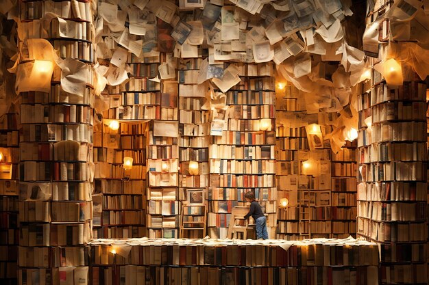 A man stands in front of a large stack of old books