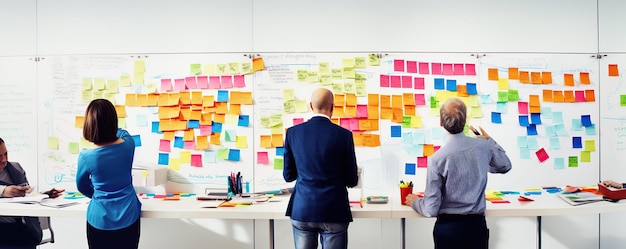 Photo a man stands in front of a large whiteboard with a yellow sticky note on it