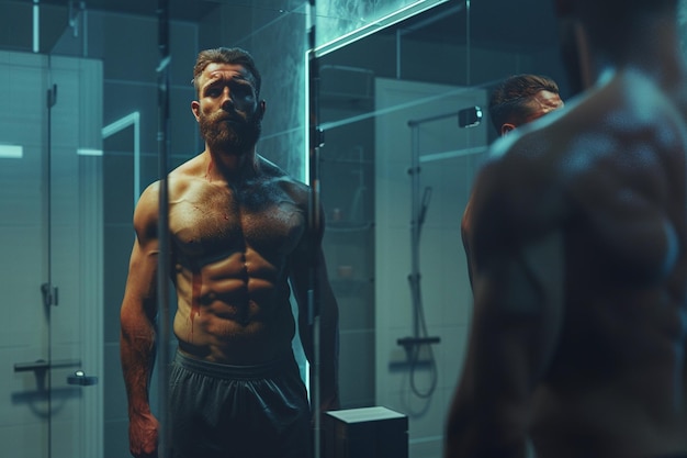 a man stands in front of a mirror with a muscular body