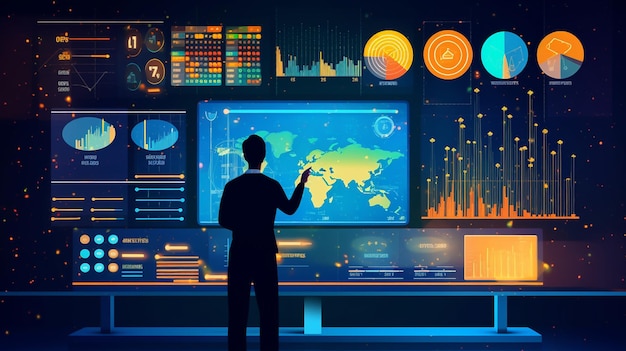 A man stands in front of a monitor with a world map on it.