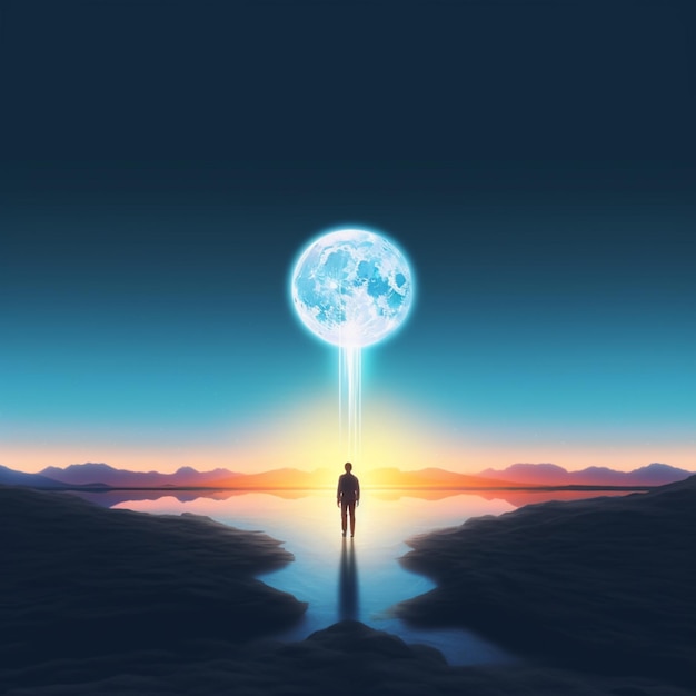 A man stands in front of a moon with a light on it.