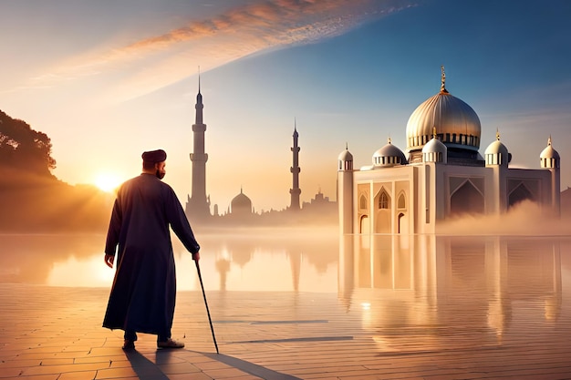 A man stands in front of a mosque and looks at the sky.