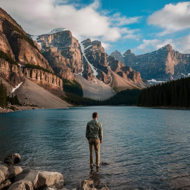 a man stands in front of a mountain with a lake in the background