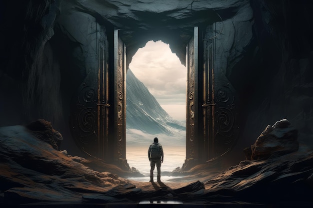 A man stands in front of a mountain with a large door that says'the door '