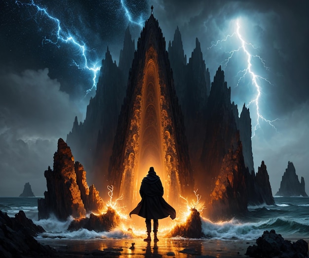 A man stands in front of a mountain with a lightning storm in the background.