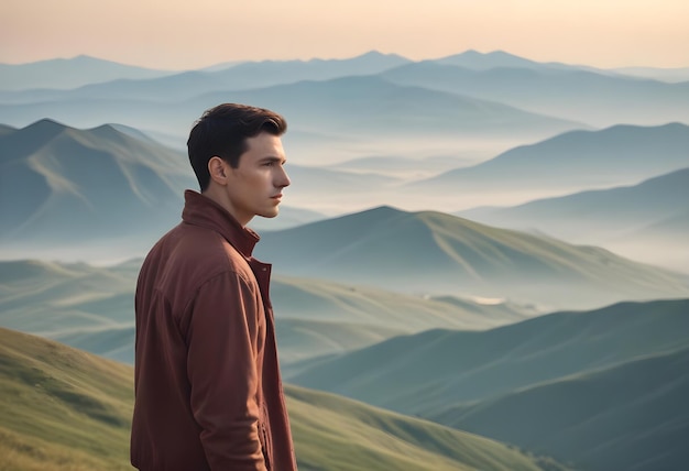 Photo a man stands in front of a mountain with mountains in the background