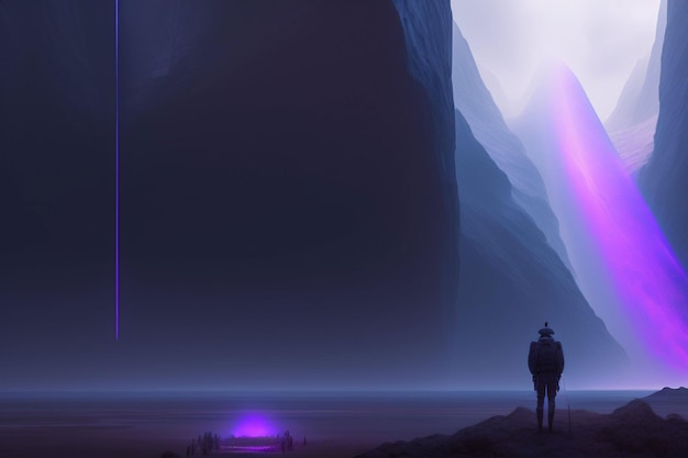 A man stands in front of a mountain with a purple light on it.