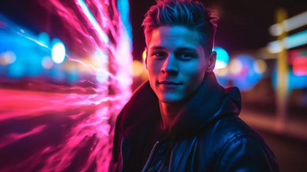 Photo a man stands in front of a neon light that is lit up.