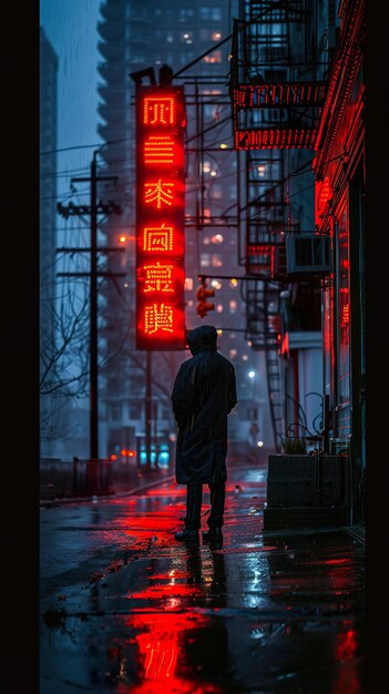 a man stands in front of a neon sign that says  the word