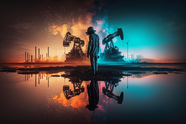 A man stands in front of an oil rig with the words oil and gas on it.