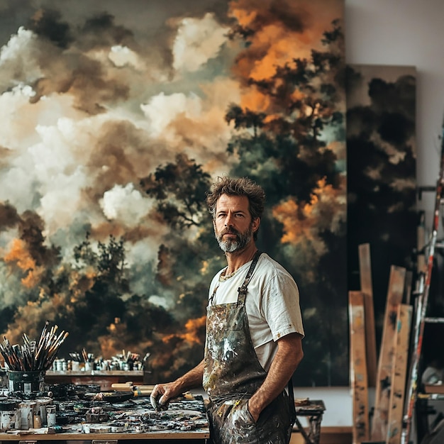 Photo a man stands in front of a painting that says quot the artist quot