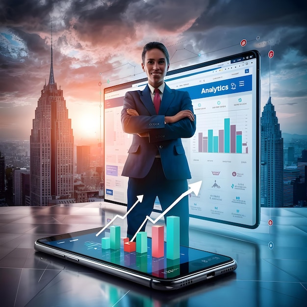 a man stands in front of a phone with a 3d graph on it