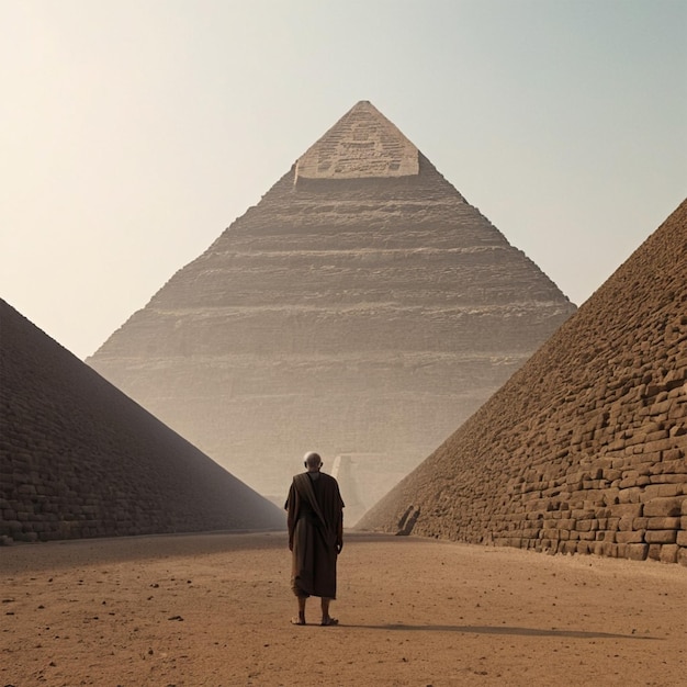 Photo a man stands in front of the pyramid with a man standing in front