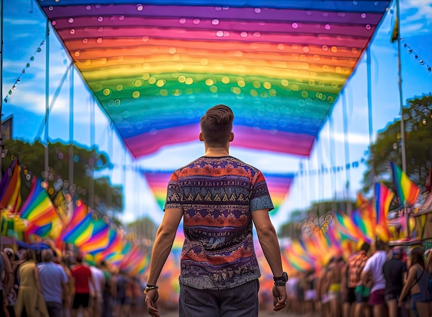 A man stands in front of a rainbow flag