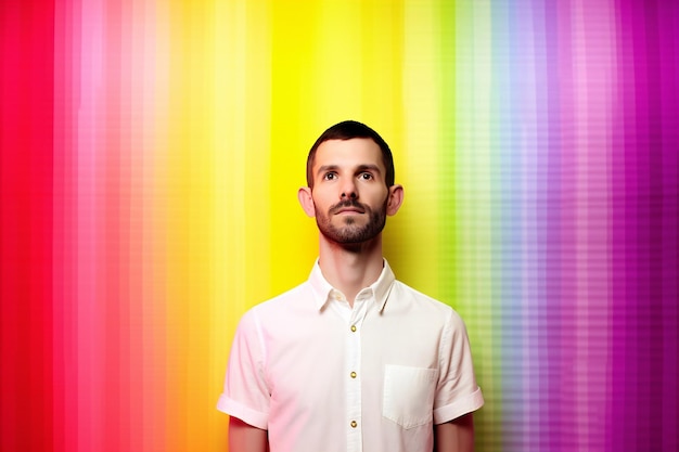 A man stands in front of a rainbow wall