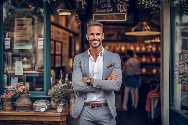 A man stands in front of a restaurant with a sign that says'the word garden'on it