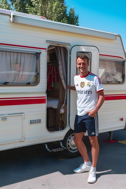 Photo a man stands in front of a rv that has the word cap on it