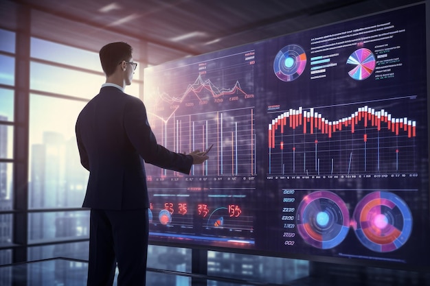 a man stands in front of a screen with a graph that says  financial data