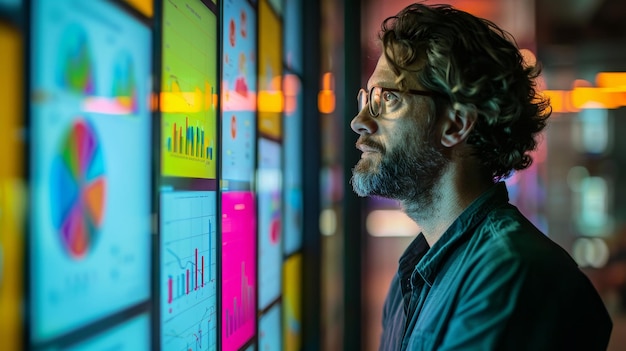 Photo a man stands in front of a screen with the word graph on it