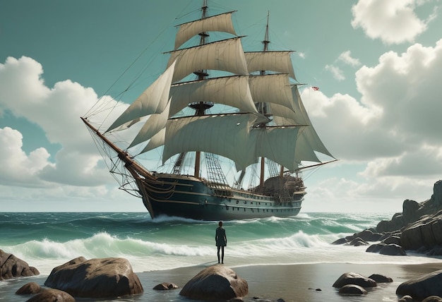 a man stands in front of a ship that has the sails down