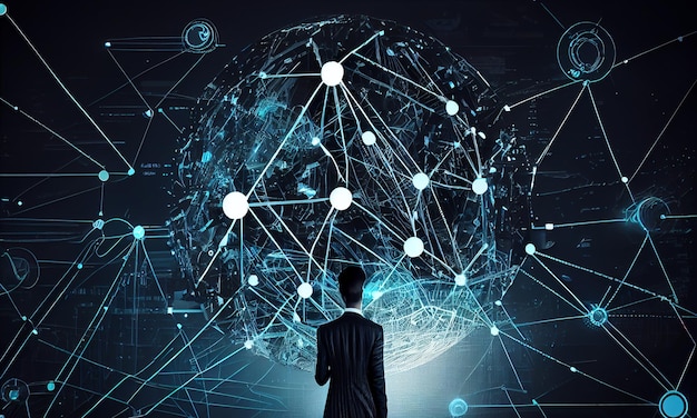 A man stands in front of a sphere with the words " head of the future ".