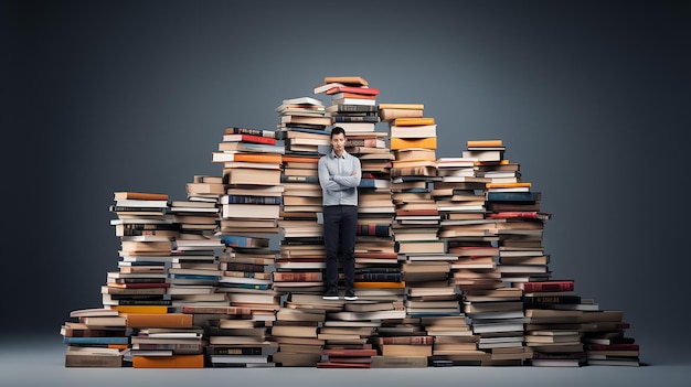 a man stands in front of a stack of books.