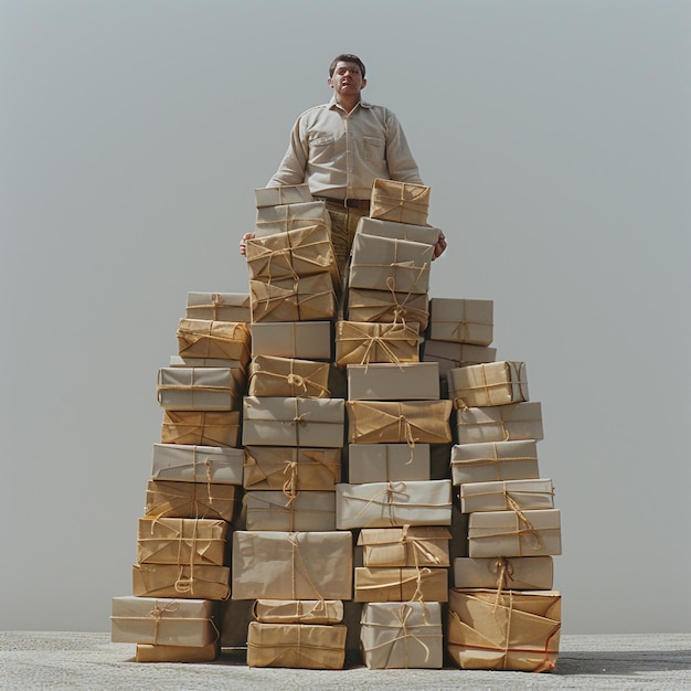 Photo a man stands in front of a stack of boxes that say quot gift quot