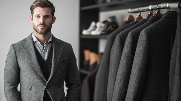 Photo a man stands in front of a suit and looks into a closet with a shirt that says quot suit quot