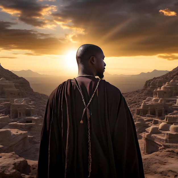 a man stands in front of a sunset with mountains in the background