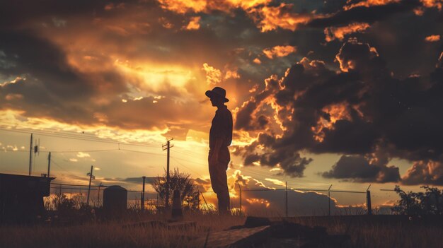 a man stands in front of a sunset with a silhouette of a man in front of a sunset