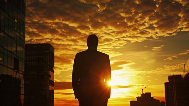 a man stands in front of a sunset with the sun behind him