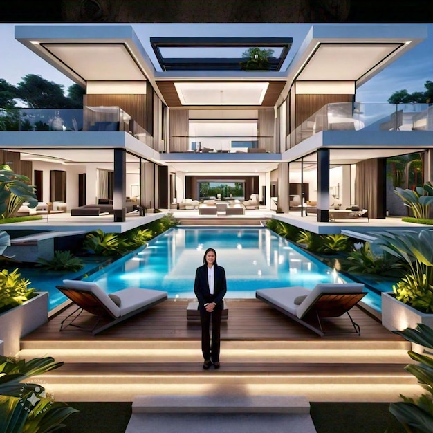 Photo a man stands in front of a swimming pool with a pool in the background