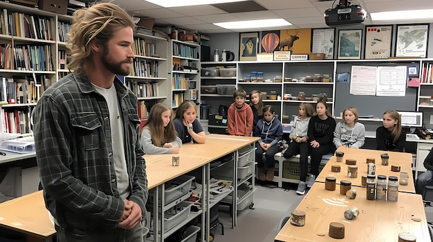 a man stands in front of a table with a group of people in a library