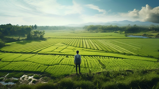 a man stands in front of a tea plantation.