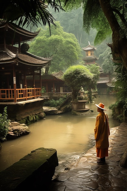 A man stands in front of a temple with a temple in the background.