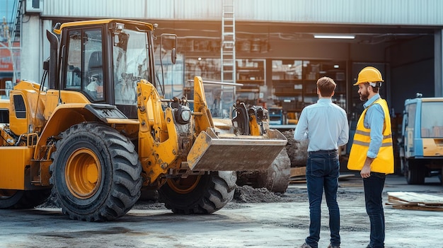 Photo a man stands in front of a tractor in a warehouse