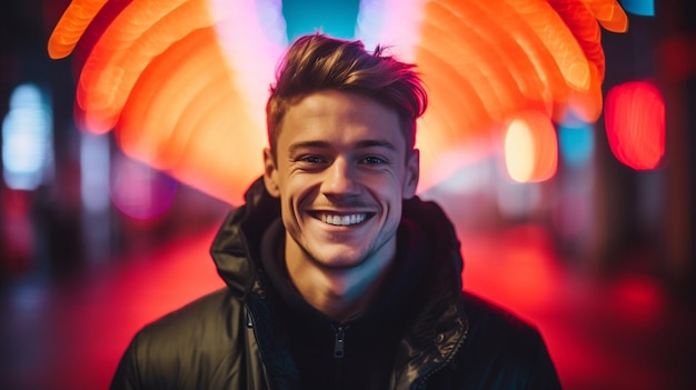 A man stands in front of a tunnel with a bright orange light behind him.