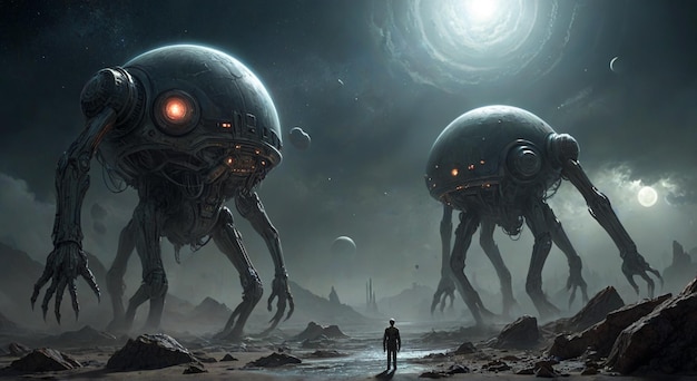 Photo a man stands in front of two giant alien sculptures