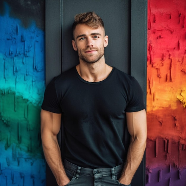 A man stands in front of two rainbows on a wall